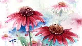 Loose Watercolor Painting  Cone Flowers Tutorial for Beginner Step by Step [upl. by Monto]